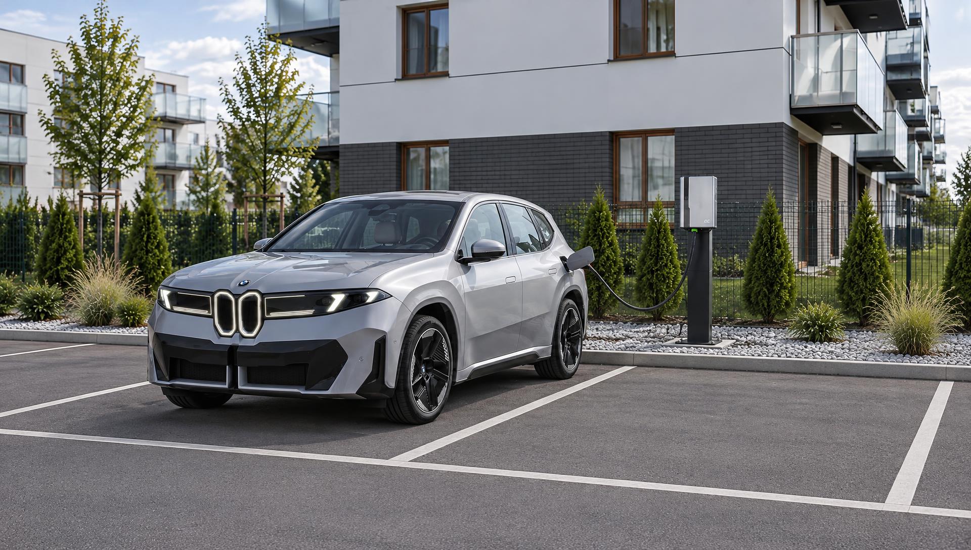 Samochód elektryczny ładowany na parkingu osiedla mieszkaniowego