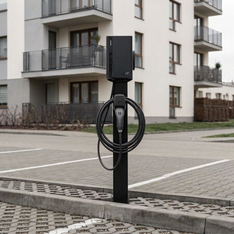 Słupek ładowania na parkingu osiedla