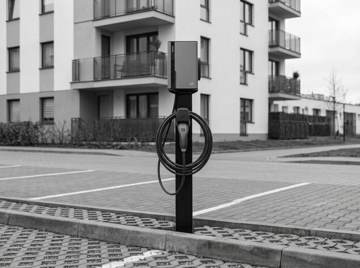 Stacja ładowania Green Cell Habu Den 22 kW na słupku na parkingu osiedlowym