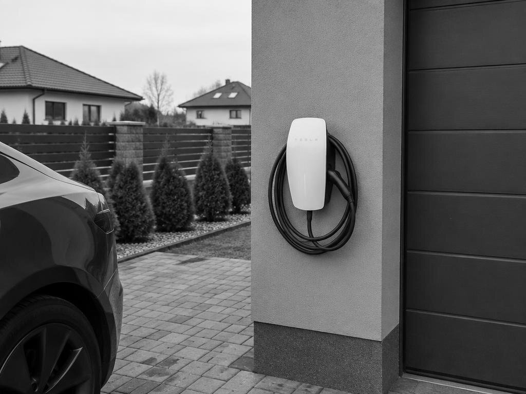 Tesla Wall Connector na elewacji domu przy podjeździe