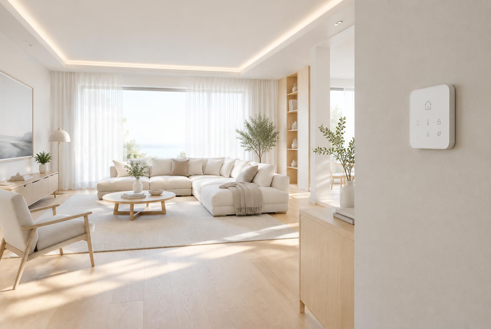 Nowoczesny salon z dekoracyjnym oświetleniem LED i panelem smart home na ścianie